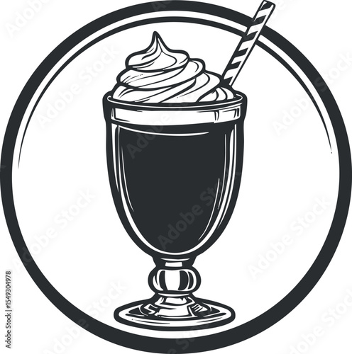 Black and white vintage illustration of a milkshake with whipped cream and striped straw in a glass