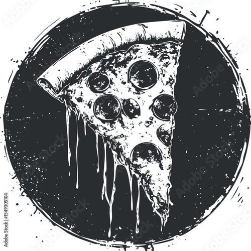 Black and white illustration of a pepperoni pizza slice with melting cheese on a round background