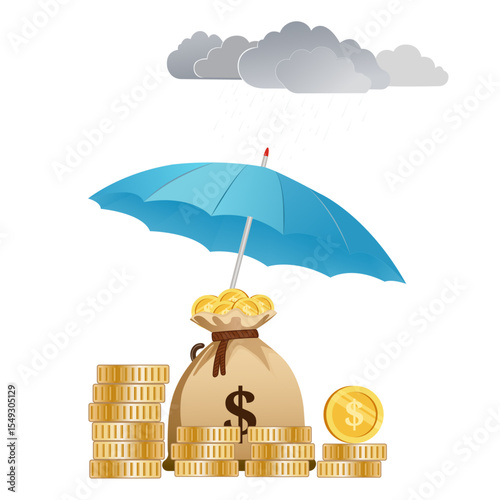 Money bag protected by umbrella from rain clouds. Concept of financial safety, investment protection, wealth insurance, economic risk, and personal finance management.