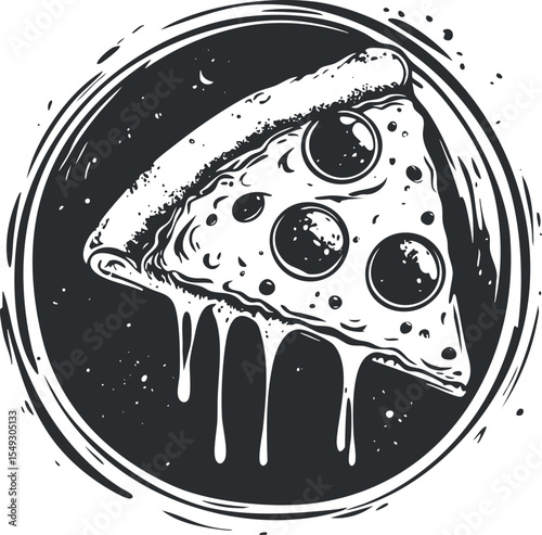 Black and white illustration of a dripping pepperoni pizza slice inside a circular frame