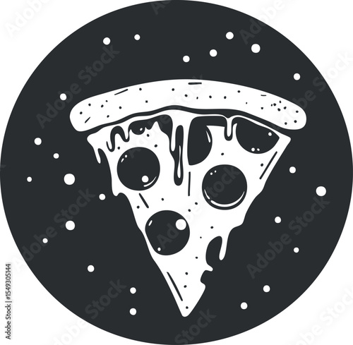 Black and white illustration of a single slice of pepperoni pizza with melting cheese and toppings