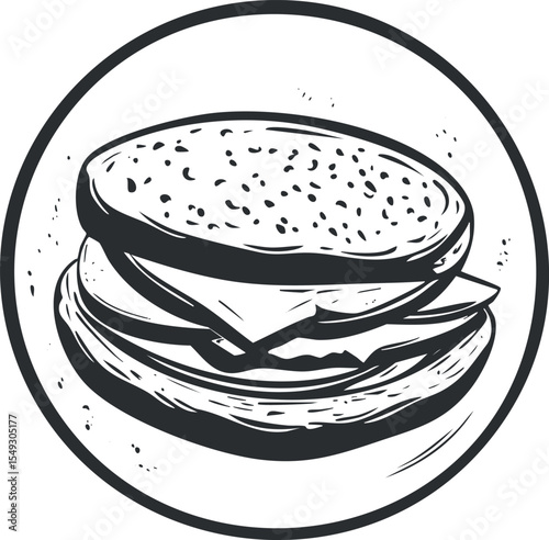 Black and white hand drawn illustration of a cheeseburger sandwich with sesame seed bun on a plate