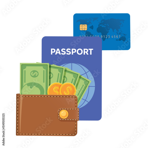 Passport, wallet with cash and coins and credit or debit card set isolated on white background. Vacation travel adventure flat vector illustration.