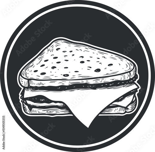 Black and white illustration of a classic cheese sandwich with toasted bread and melted cheese slice.