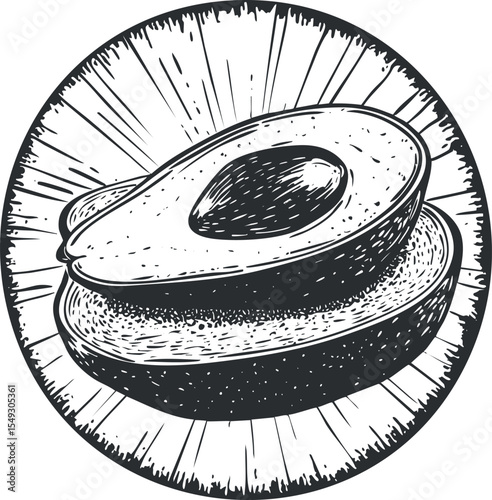 Black and white hand drawn sketch of a halved avocado with seed inside on circular background