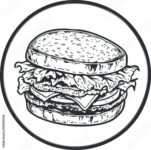 Black and white sketch of a cheeseburger with lettuce and tomato inside round bun on white background