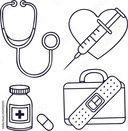 A comprehensive vector set of isolated medical icons features essential healthcare tools like a stethoscope, pills, and mobile health technology