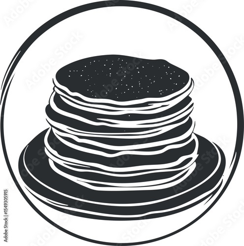 Black and white illustration of a stack of pancakes on a plate, symbolizing breakfast or brunch food