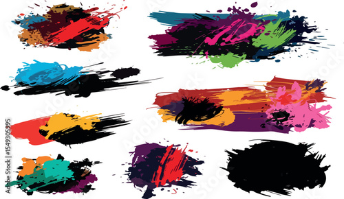 Abstract colorful paint splatter and brush stroke collection for design
