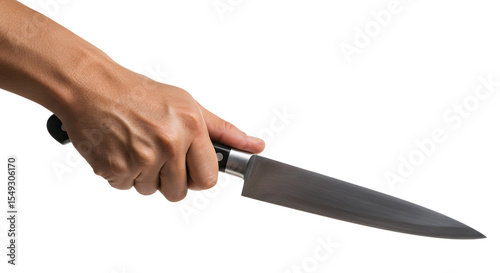 Holding Sharp Kitchen Knife Preparing for Cooking with Neutral Background