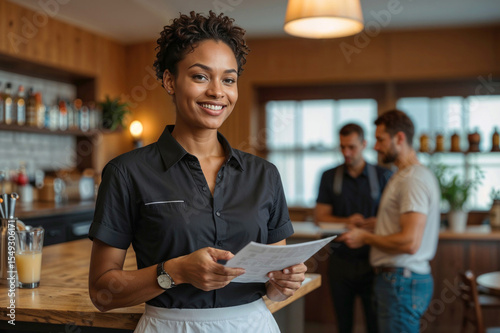 Portrait of young African American waitress woman is smiling at the camera in bar at hotel