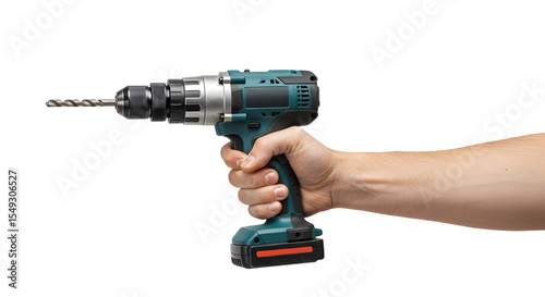 Hand holding a power drill, ready for drilling on white background