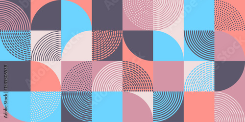 Abstract geometric pattern pastel color palette with various dotted and lined semi circles in a grid