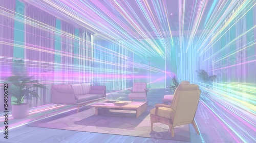 Pastel living room with vibrant light streaks.