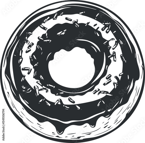 Top view black and white illustration of a glazed donut with sprinkles for dessert or snack