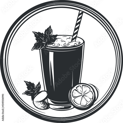 Black and white illustration of a refreshing cold drink with lemon and mint in a glass with a straw inside a circular frame