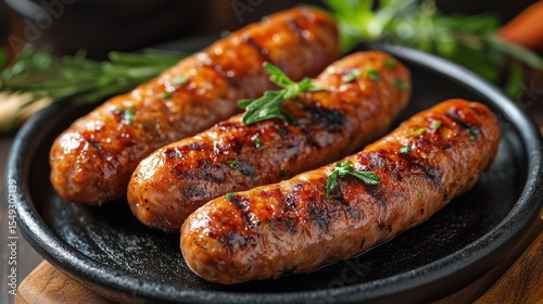 Grilled sausages, herbs, dark plate, kitchen, food photography