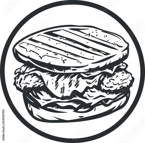 Black and white illustration of a grilled chicken sandwich with lettuce on toasted bread in a circular frame