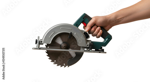 Holding Circular Saw Ready for Cutting Construction Work Against White