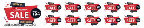 A collection of summer sale badges with various percentage discounts and "hurry up" and "limited offer" text.