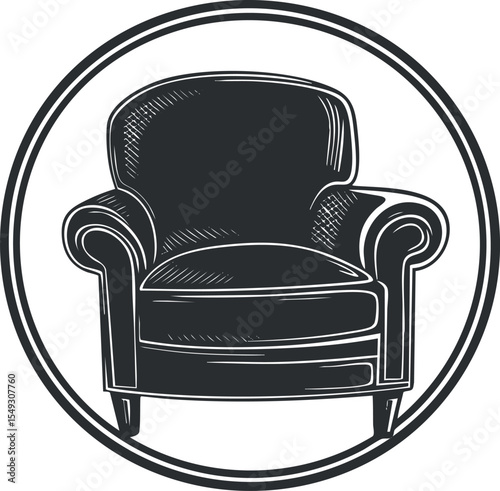 Illustration of a classic armchair with cushioned seat and backrest inside a circular frame