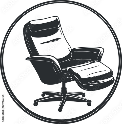 Black and white stylized illustration of a modern office recliner chair with armrests and swivel base inside a circle