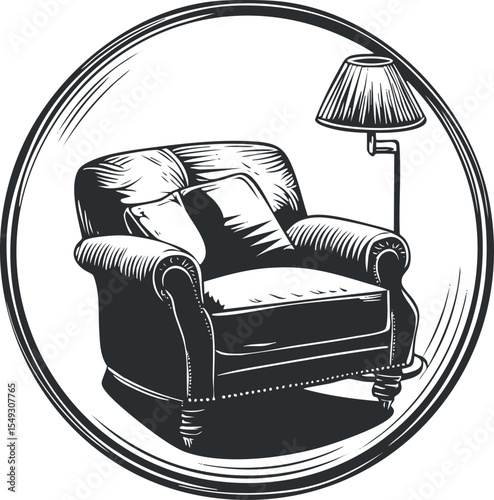 Black and white illustration of a classic armchair with a pillow and floor lamp in a circular frame