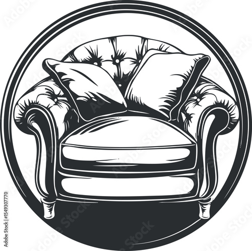 Black and white illustration of a classic upholstered armchair with two cushions inside a round frame