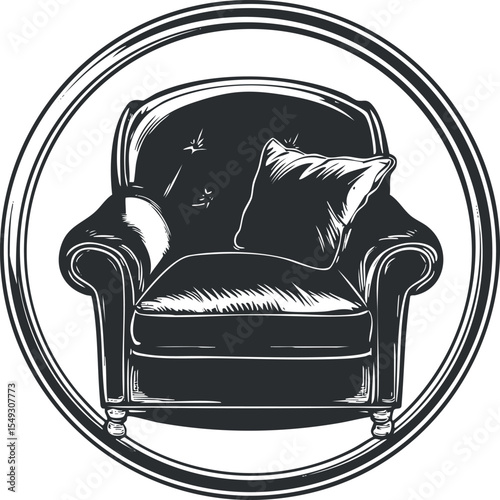 Black and white illustration of a classic armchair with a cushion inside a circular frame