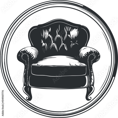 Black and white illustration of a vintage upholstered armchair with cushion inside a circular frame