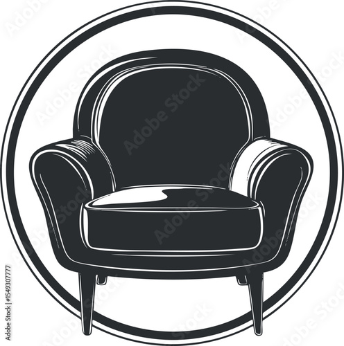 Black and white illustration of a modern armchair with cushion and wooden legs inside a circular frame