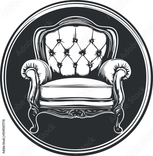 Vintage upholstered armchair with ornate wooden frame in classic black and white illustration style