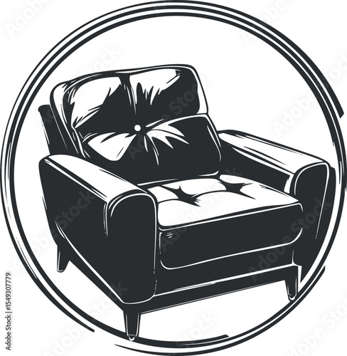 Black and white illustration of a vintage style leather armchair with cushions and armrests in circle frame