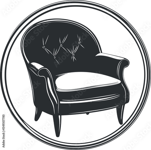 Black and white illustration of a classic tufted armchair with wooden legs inside a round frame