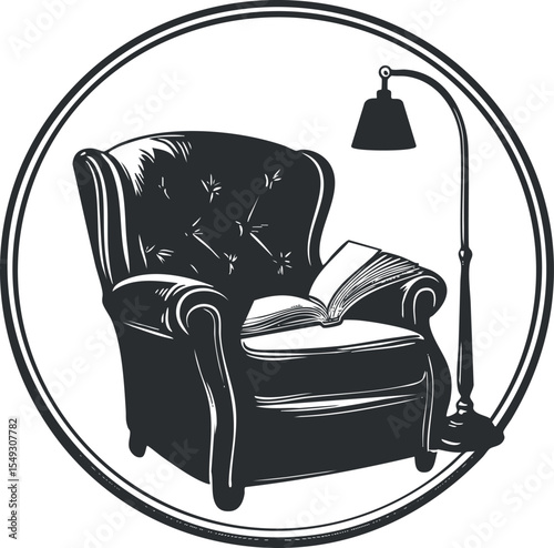 Black and white illustration of a classic armchair with an open book and a floor lamp inside a circular frame