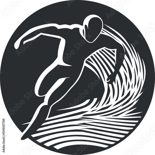 Silhouette of a surfer riding a breaking wave inside a circular design symbolizing surfing and ocean sports