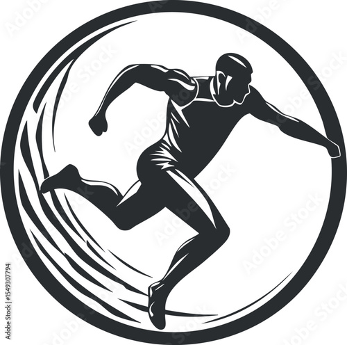 Silhouette of a male runner sprinting fast inside a circular frame with motion lines representing speed and energy.
