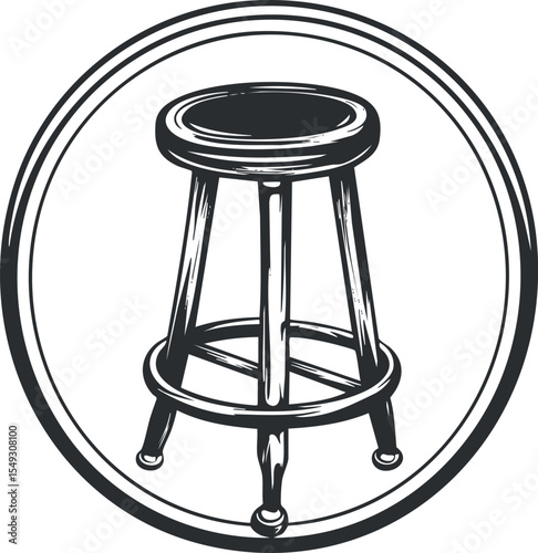 Black and white illustration of a classic wooden bar stool with round seat and footrest