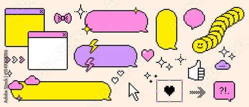 8 bit digital chic cute emoji in pink, purple, yellow. Set of empty retro speech bubbles and icons. Pixel art style. Pixel dialogue box for social media network. Game abstract isolated vector elements