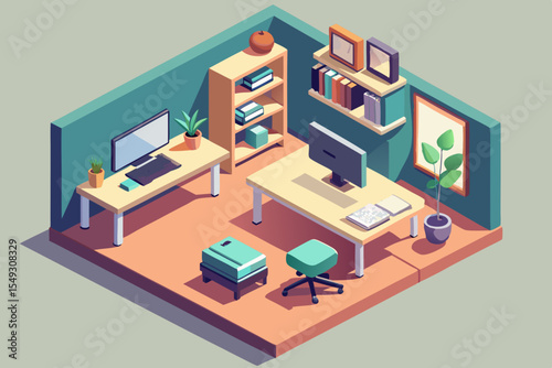 Contemporary Office Desk Setup in Isometric View