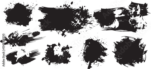 Abstract black ink splatter and brush stroke collection for design
