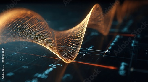 Abstract digital wave, orange-gold mesh on dark background with technical grid