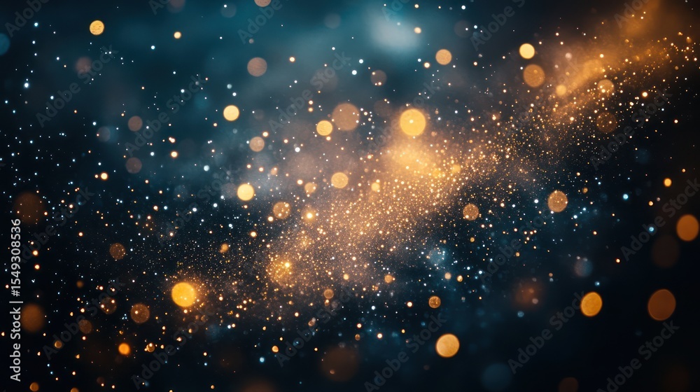 Fototapeta premium Sparkling golden dust, dark blue background, bokeh, abstract, design element
