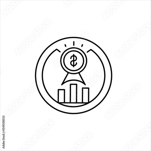 Illustration of dollar coin above bar graph inside of a circle outline