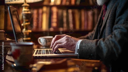 Senior typing laptop library study tea books