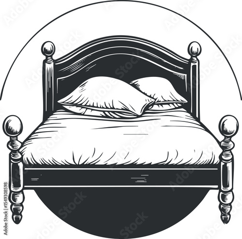 Black and white illustration of a classic wooden bed with pillows and mattress in vintage style