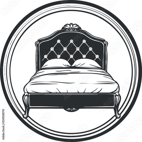 Vintage style bed with cushioned headboard, pillows, and blanket in classic design