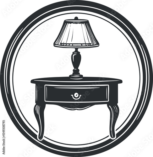 Black and white illustration of a classic table lamp on a wooden nightstand with a drawer inside a circular frame