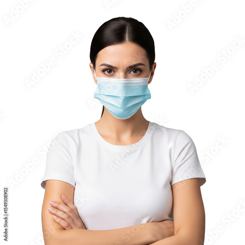Serious masked woman with arms crossed isolated on transparent background