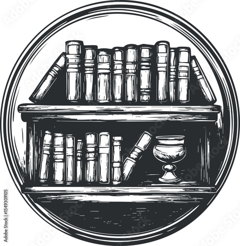Black and white vintage style illustration of a bookshelf filled with books and a decorative glass inside a circular frame